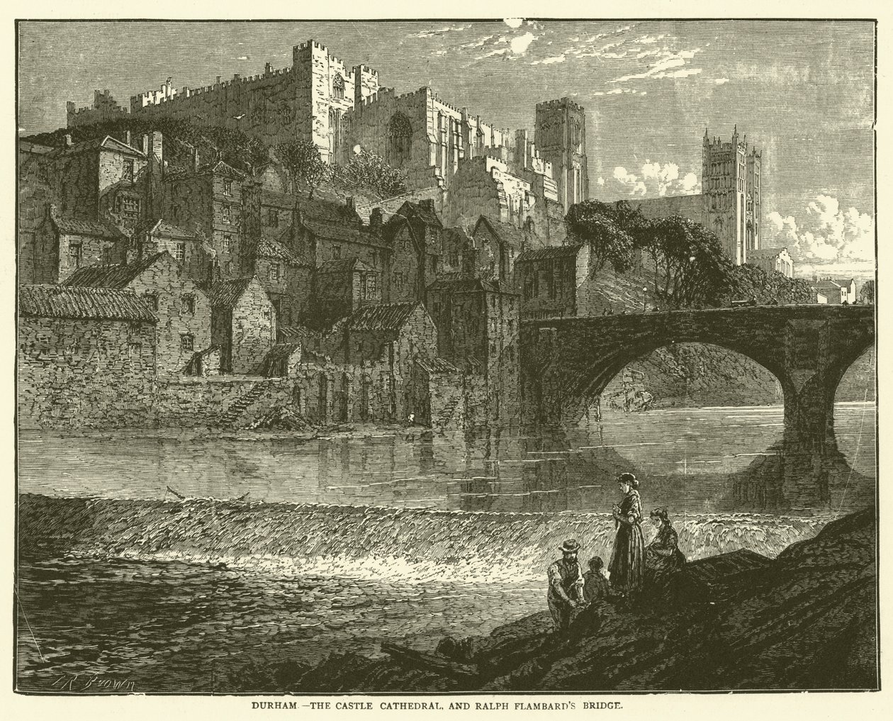Durham, de kathedraal van het kasteel en de brug van Ralph Flambard (gravure) door English School