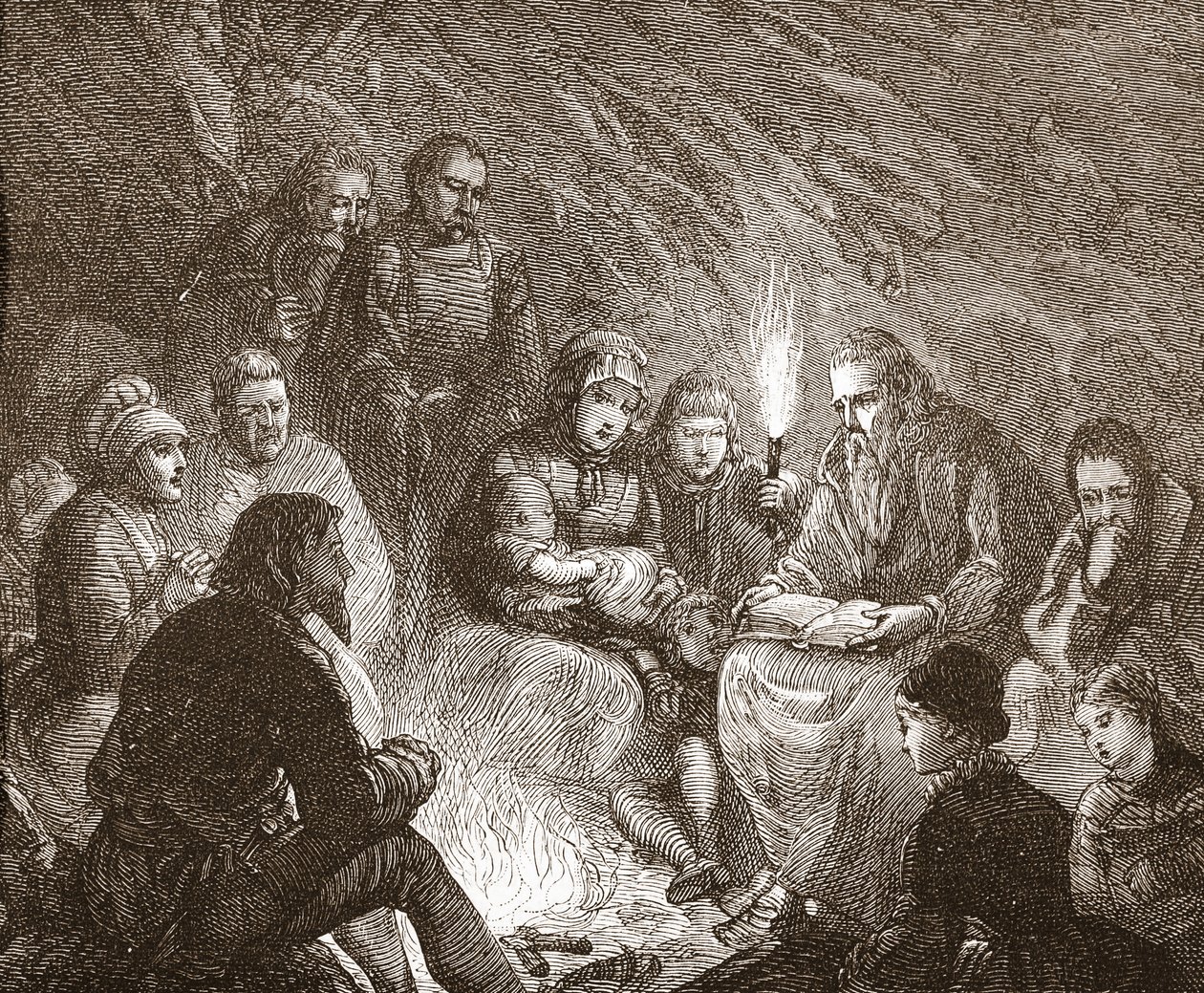 Nederlandse protestanten in schuilplaatsen, illustratie uit De Geschiedenis van het Protestantisme door James Aitken Wylie, 1878 door English School