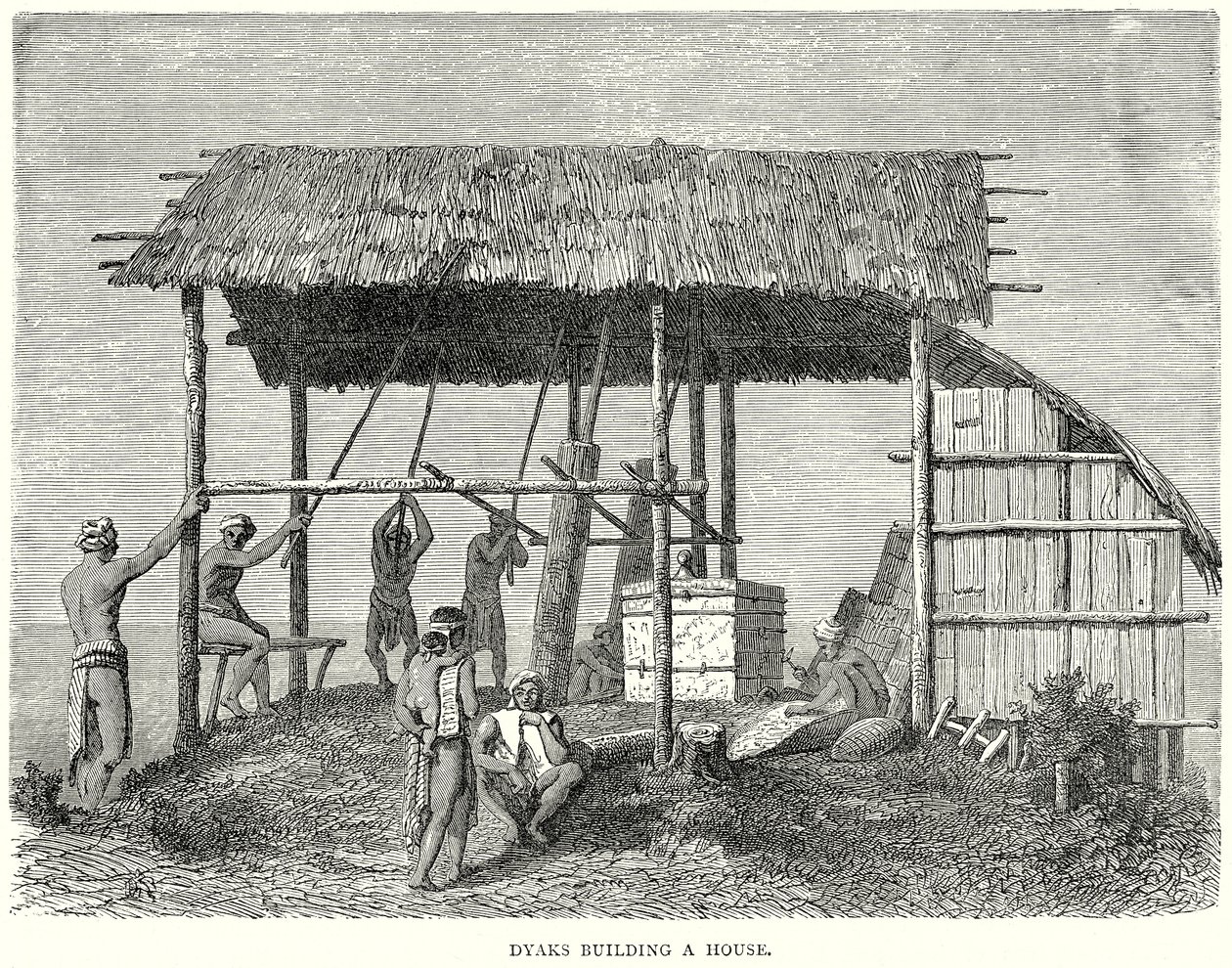 Dyaks bouwen een huis (gravure) door English School