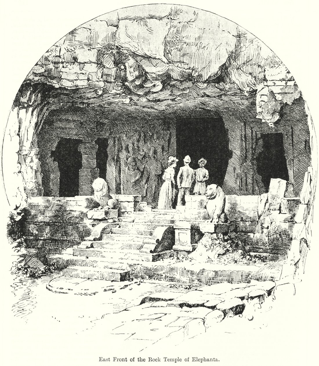 Oostfront van de Rotstempel van Elephanta (gravure) door English School