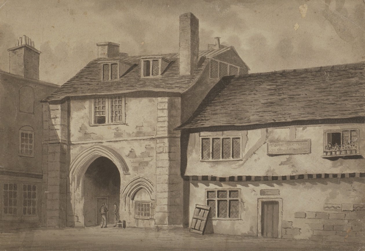 Oostelijk uitzicht op de poort naar de Abdij van St Saviour, Bermondsey, c.1825 door English School