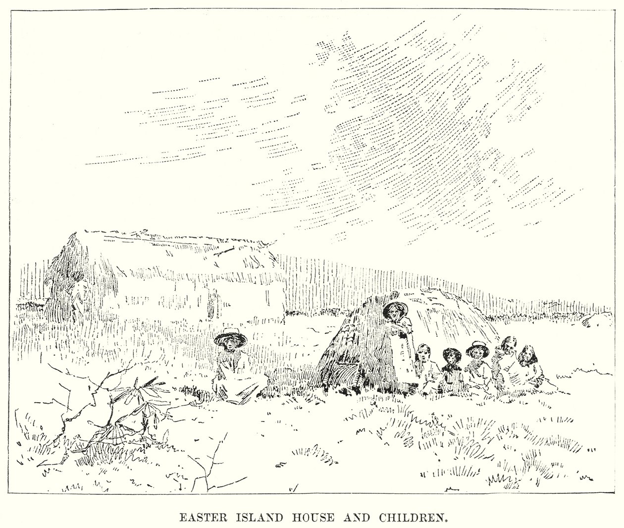 Huis en kinderen op Paaseiland (gravure) door English School