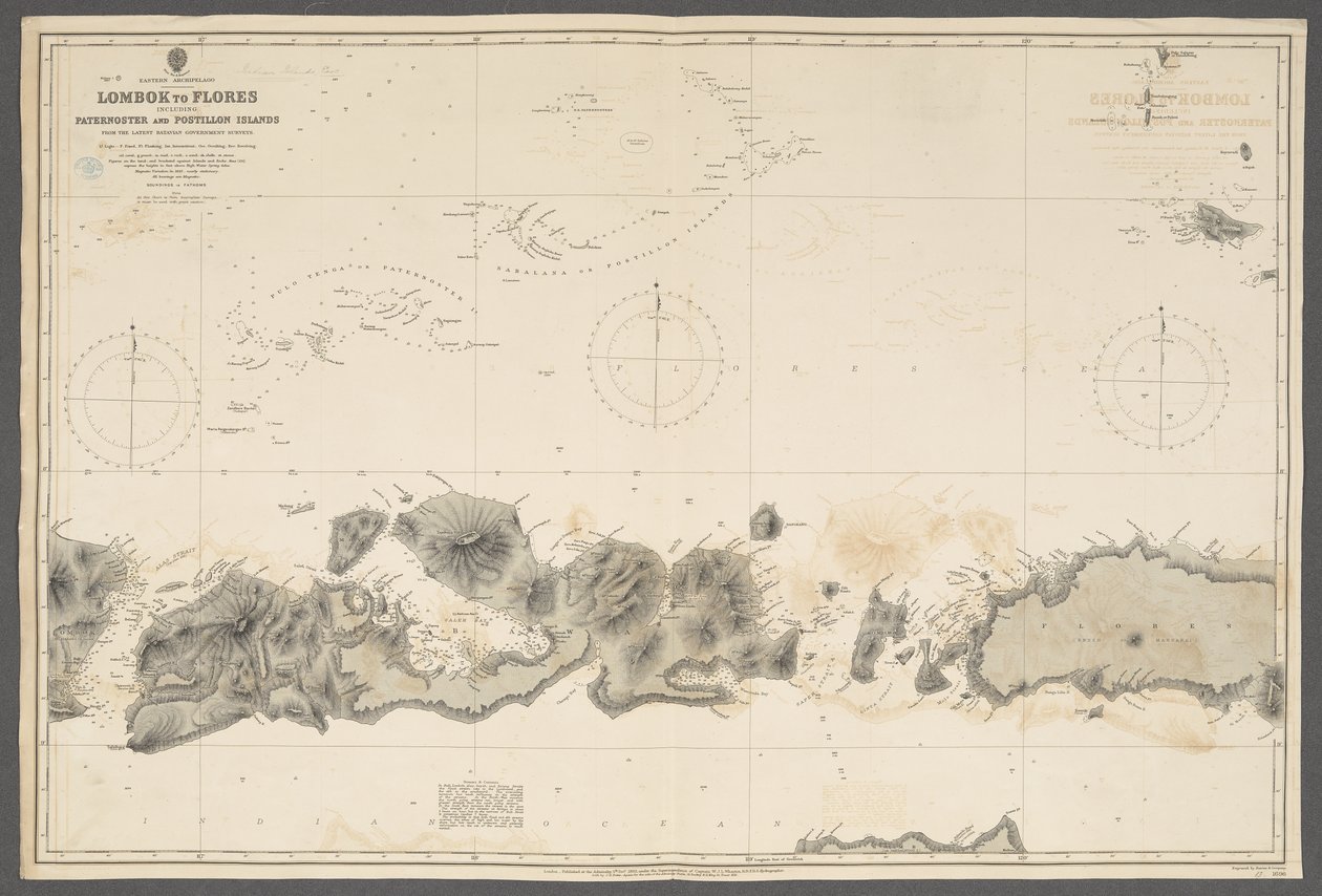 Oostelijke Archipel, Lombok tot Flores, inclusief Paternoster en Postillon Eilanden; van ... Bataviaanse Regeringsonderzoeken. [Admiralty Chart], Londen door English School