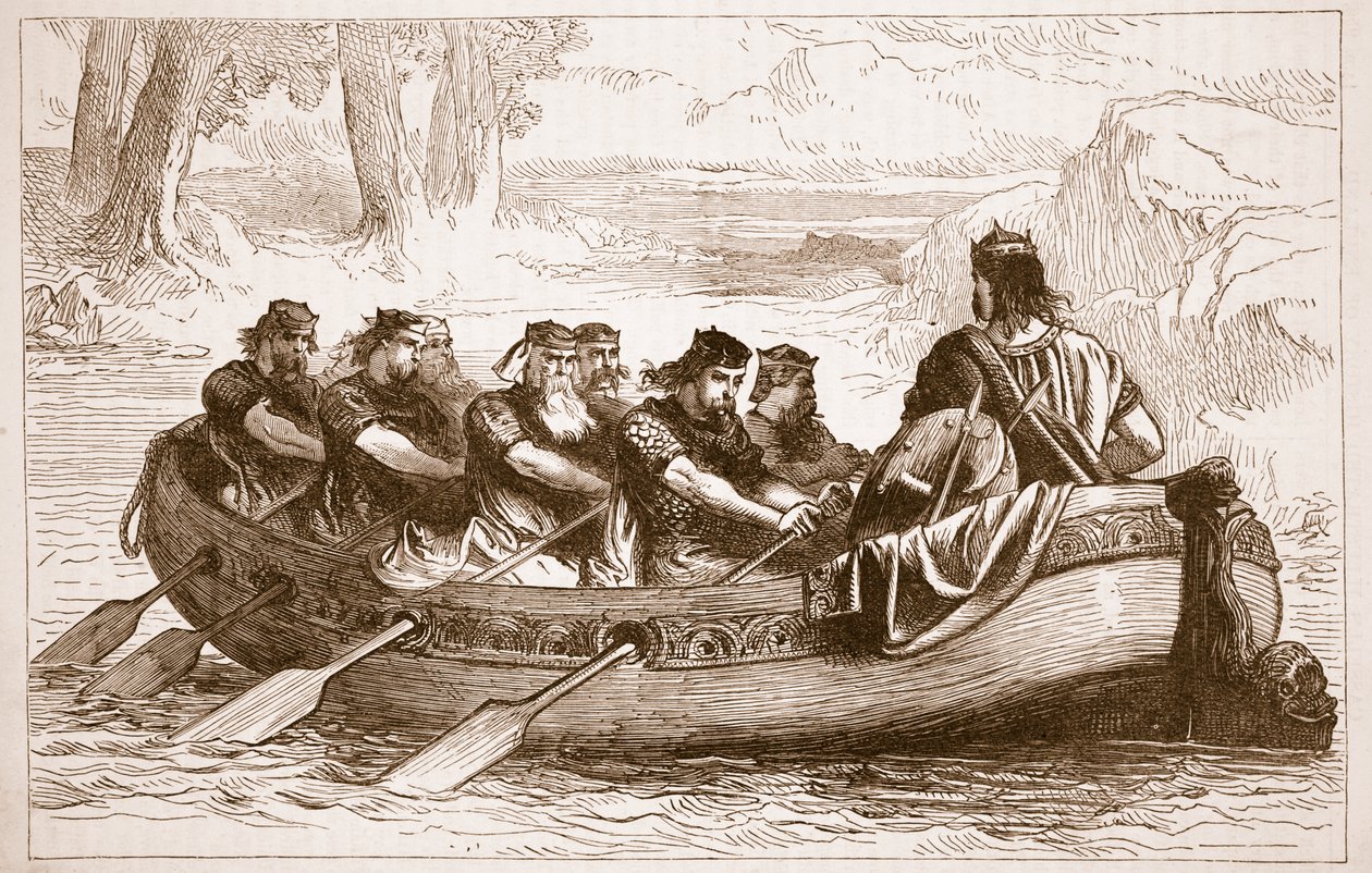 Edgar de Vredelievende die door acht onderdanige prinsen over de rivier de Dee wordt geroeid, illustratie uit Cassells Illustrated History of England door English School