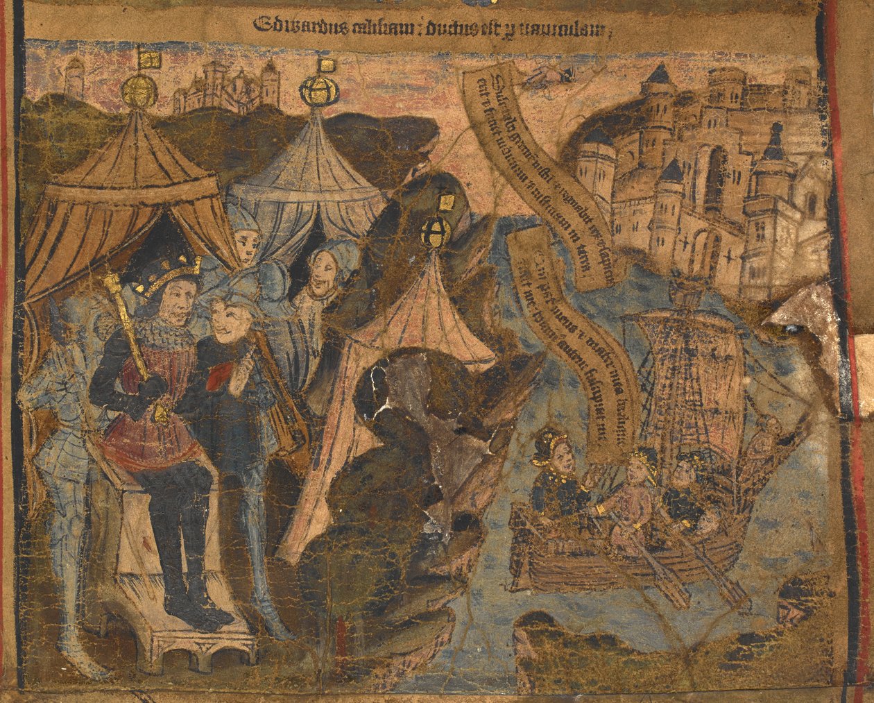 Eduard van York, samen met de Graven van Salisbury en Warwick, vertrekt naar Calais na de Slag bij Ludford Bridge. Koning Hendrik VI kijkt triomfantelijk toe (illustratie uit 