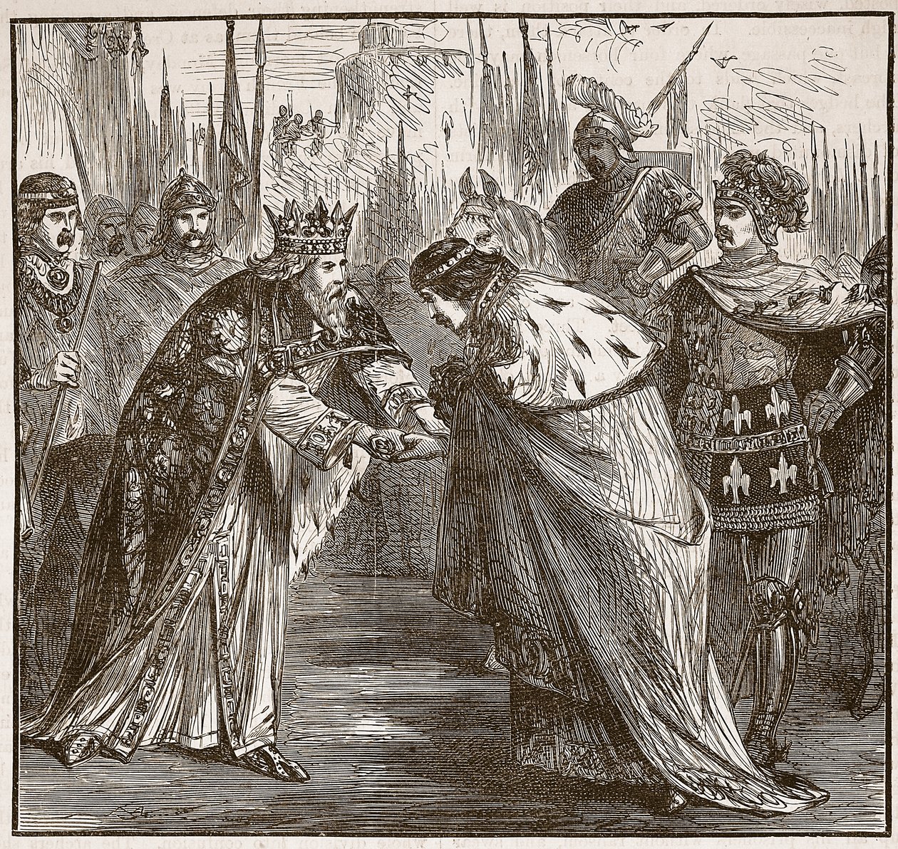 Edward ontvangt koning Jan van Frankrijk, illustratie uit Cassells Geïllustreerde Geschiedenis van Engeland door English School