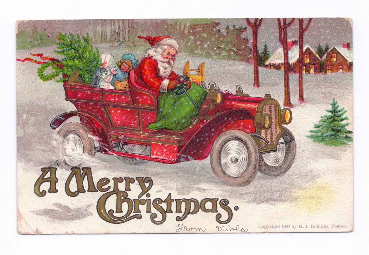 Edwardiaanse kerst ansichtkaart van Father Christma rijdend in een oldtimer door de sneeuw,s c.1910 (kleurenlitho) door English School