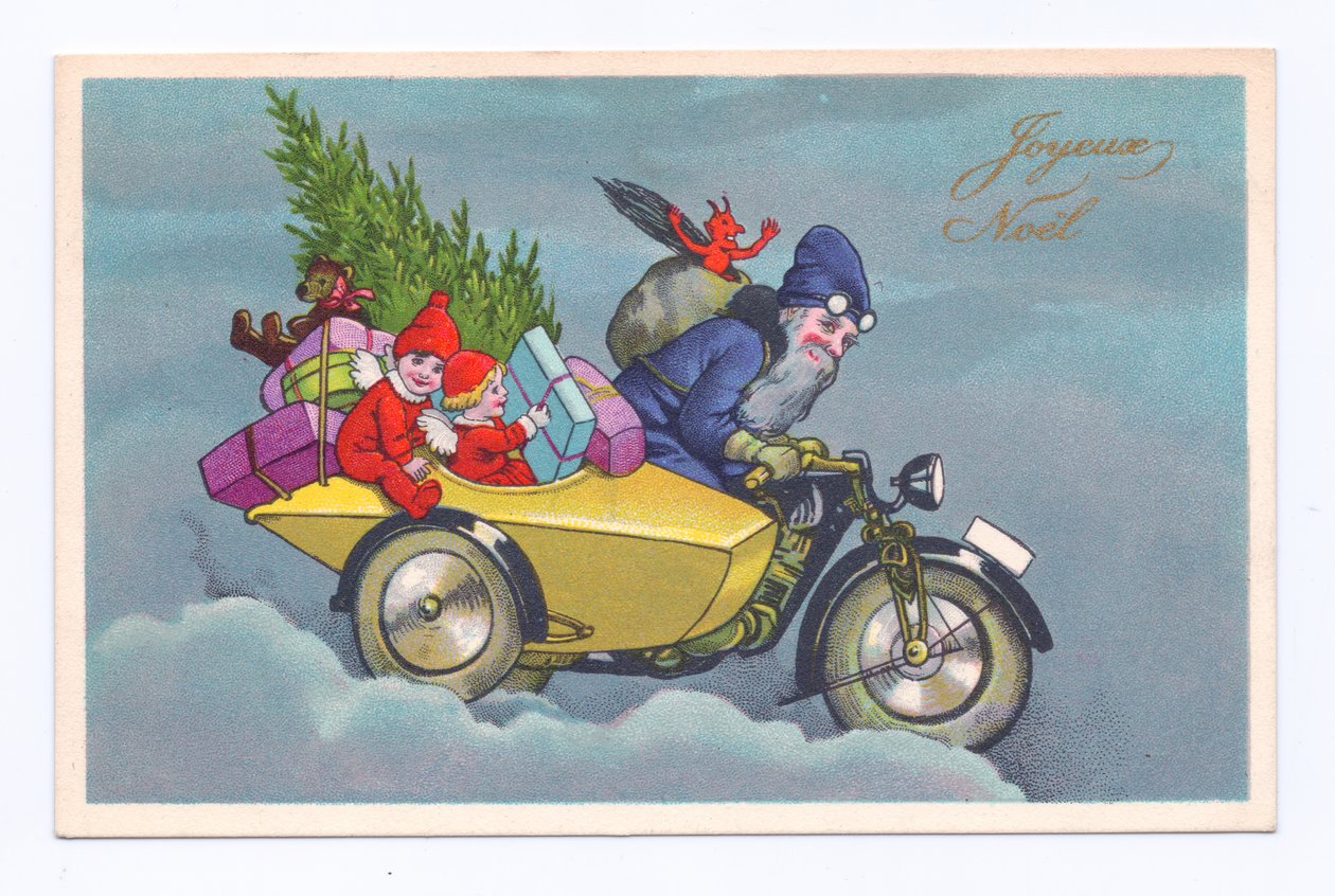 Edwardiaanse kerstansichtkaart van de kerstman op een vintage zijspanmotorfiets met kinderen en geschenken, ca. 1910 (kleurenlitho) door English School
