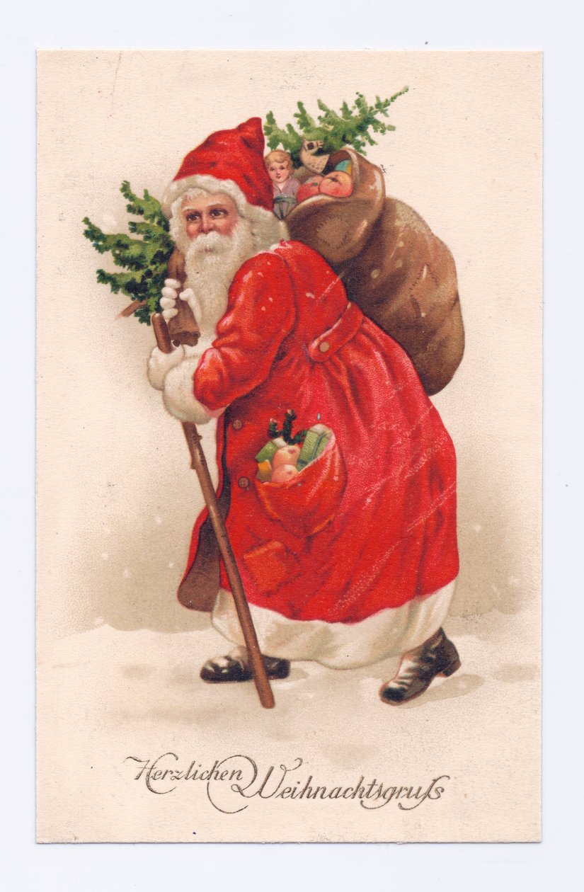 Edwardiaanse ansichtkaart van de kerstman met een kerstboom en een zak speelgoed over zijn schouder, ca. 1910 (kleurenlitho) door English School