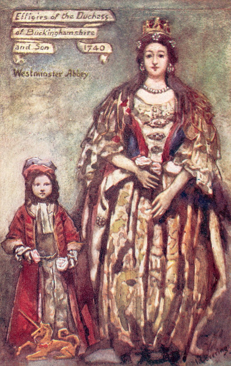 Effigies van de hertogin van Buckingham en haar zoon in Westminster Abbey (kleurenlitho) door English School