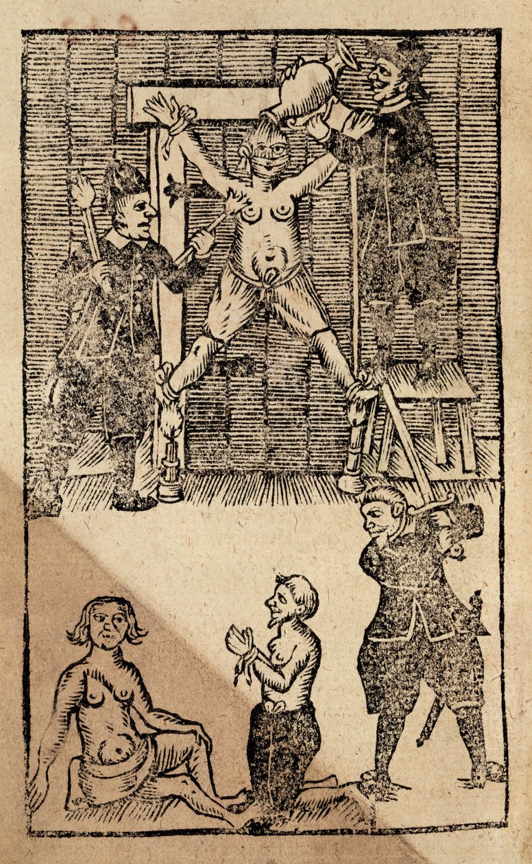 Nederlandse kolonisten in Amboyna martelen een Engelse koopman voorafgaand aan het bloedbad van 1623 dat een einde maakte aan de Britse handel in de Oost-Indië (houtsnede) door English School