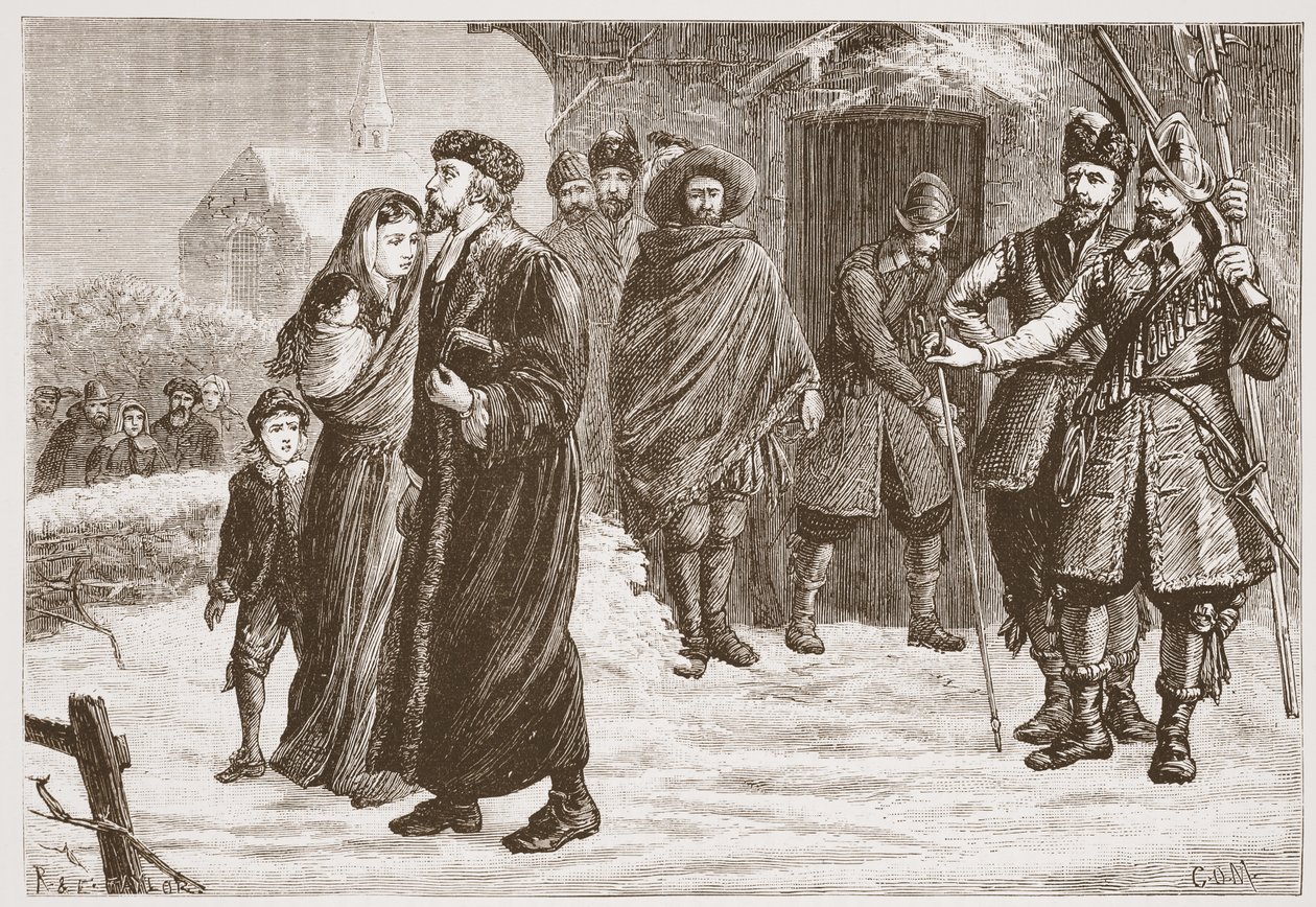 Verdrijving van een Hongaarse protestantse predikant in de winter, illustratie uit De Geschiedenis van het Protestantisme door James Aitken Wylie, 1878 door English School