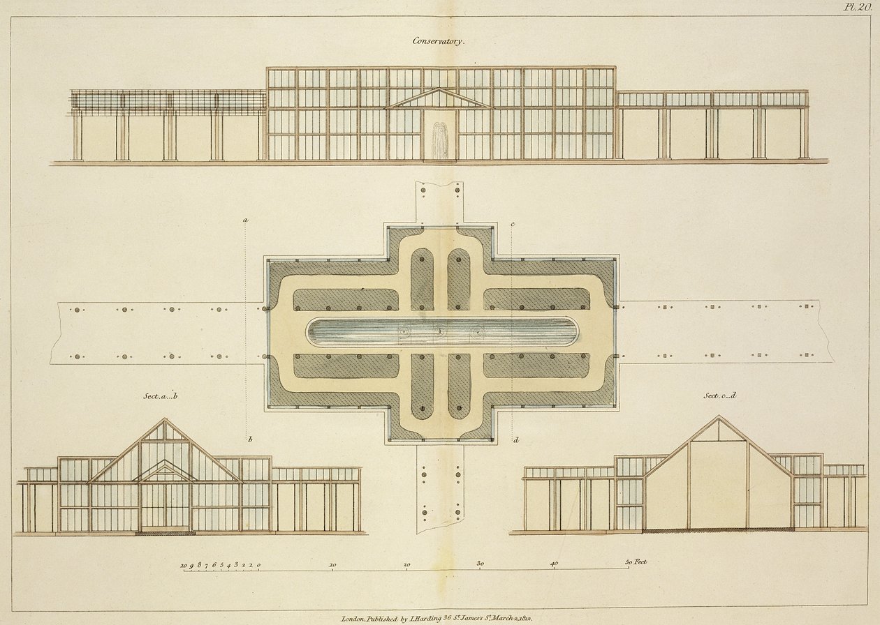 Hoogtes en grondplan van een kas, uit Hints on the Formation of Gardens and Pleasure Grounds door John Claudius Loudon (1783-1843) gepubliceerd 1812 door English School