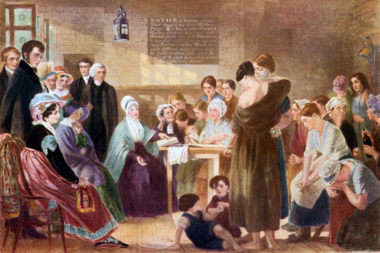 Elizabeth Fry op bezoek in Newgate Prison (kleurenlitho) door English School