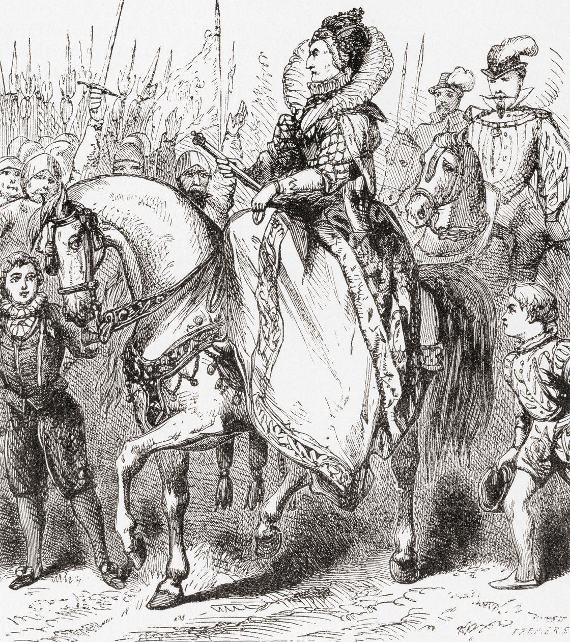 Elizabeth I inspecteert haar troepen in Tilbury Port, 1588, uit Ward en Locks Geïllustreerde Geschiedenis van de Wereld, pub. c.1882 door English School