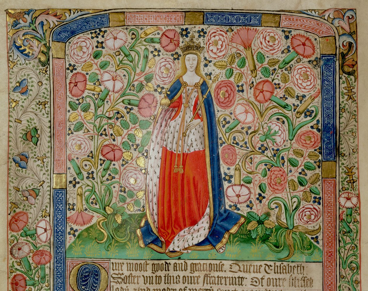 Elizabeth Woodville (ca. 1437-92) Koningin-gemalin van Koning Edward IV van Engeland (1442-83) (perkament) (detail) door English School