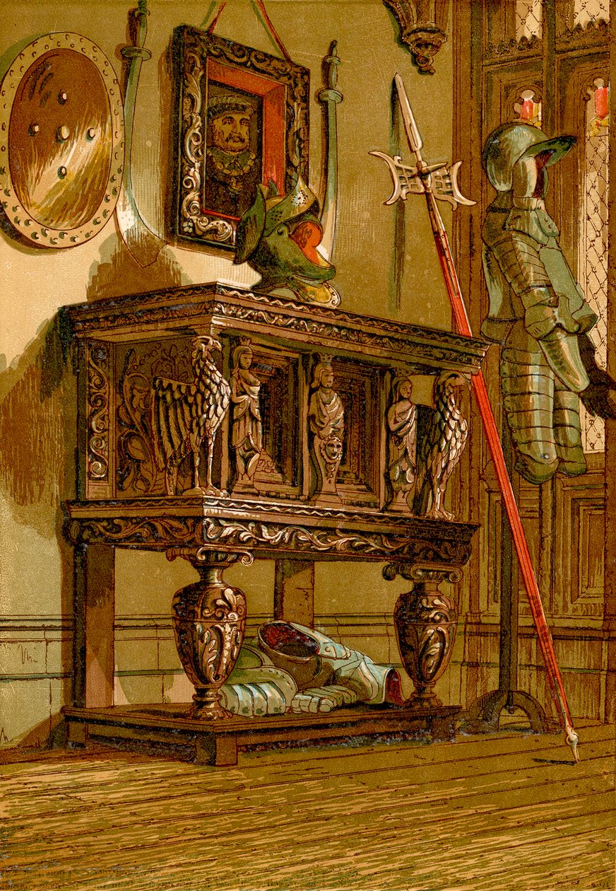 Elizabethaanse buffetkast of kast in Warwick Castle (ingekleurde gravure) door English School