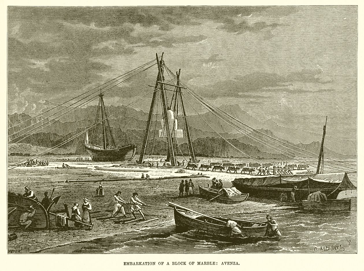 Inscheping van een blok marmer: Avenza (gravure) door English School