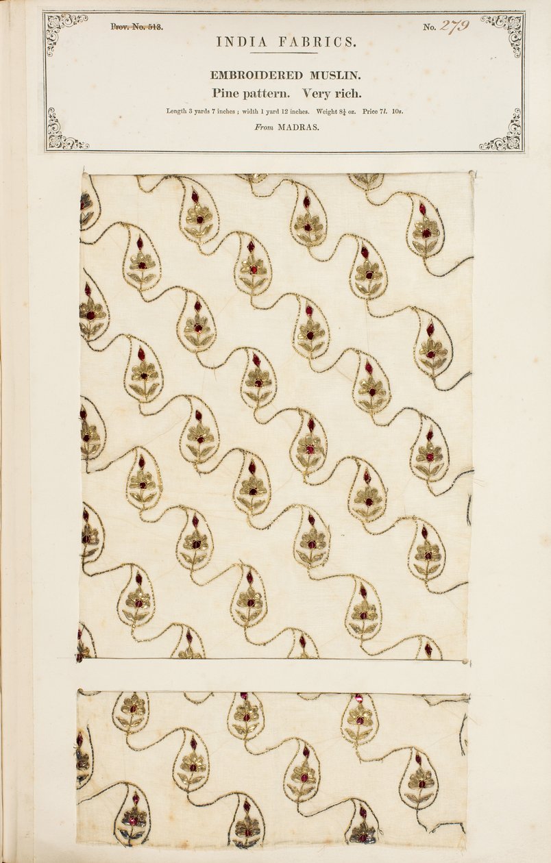Geborduurd mousselinemonster uit Madras, uit De Collectie van de Textielfabrikanten van India, door John Forbes Watson, gepubliceerd in 1866 door English School
