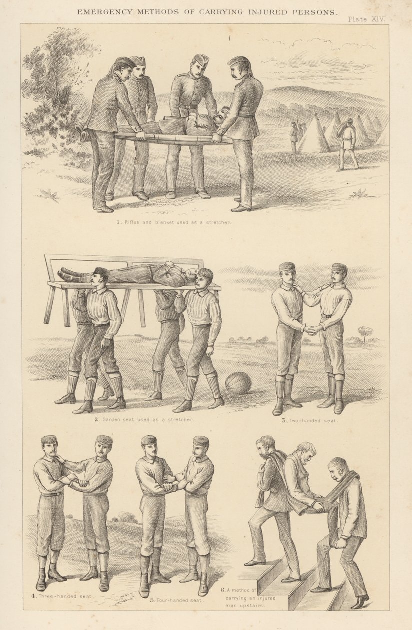 Noodmethoden voor het dragen van gewonden (gravure) door English School