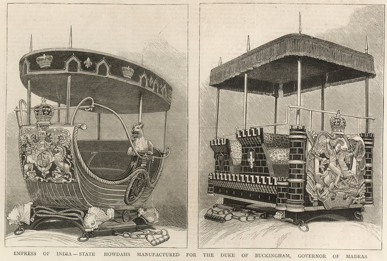 Keizerin van India: staats-howdahs vervaardigd voor de hertog van Buckingham, gouverneur van Madras, uit The Graphic, 3 februari 1877 door English School
