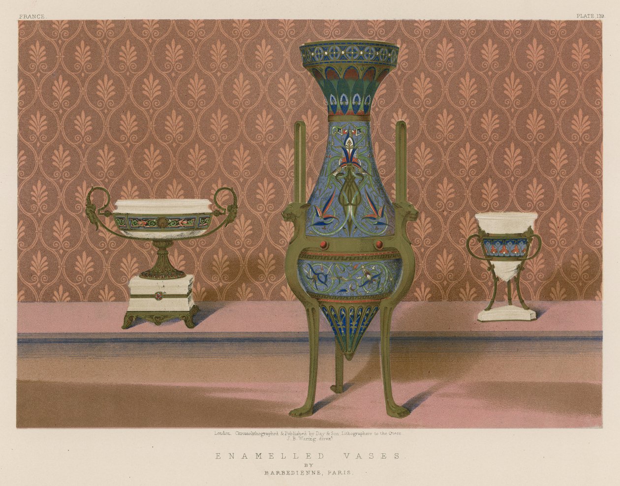 Geëmailleerde vazen door Barbedienne, Parijs (chromolitho) door English School