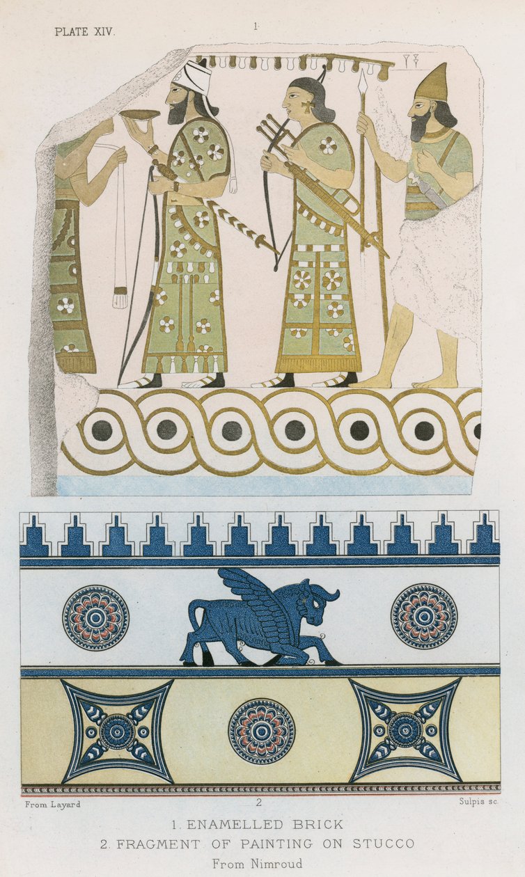 Geëmailleerde baksteen, Fragment schilderij op stucwerk, Nimroud (kleurenlitho) door English School