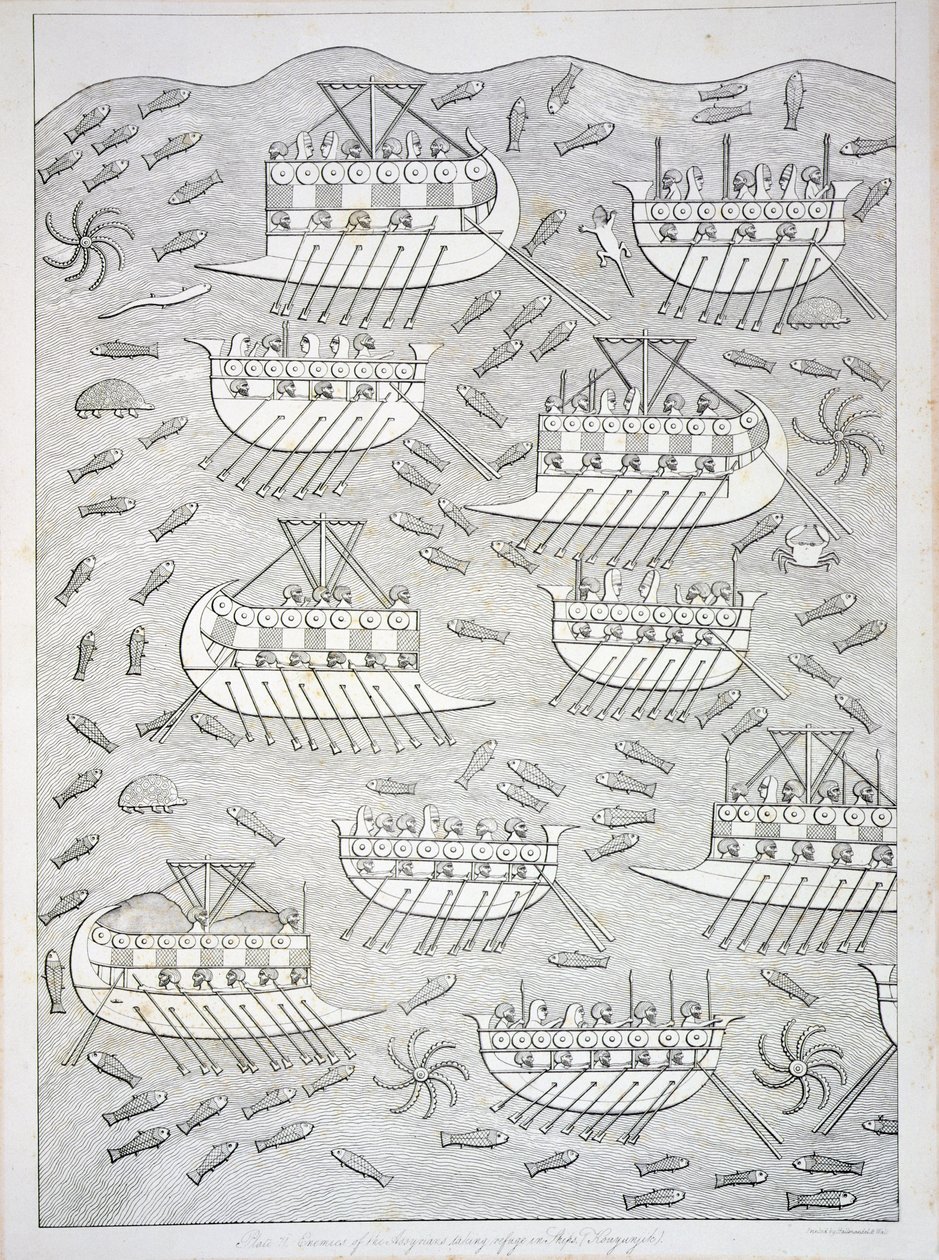 Vijanden van de Assyriërs die hun toevlucht zoeken in schepen, plaat 71 uit Nineveh en zijn Overblijfselen door Austen Henry Layard (1817-94) gepubliceerd 1849 door English School