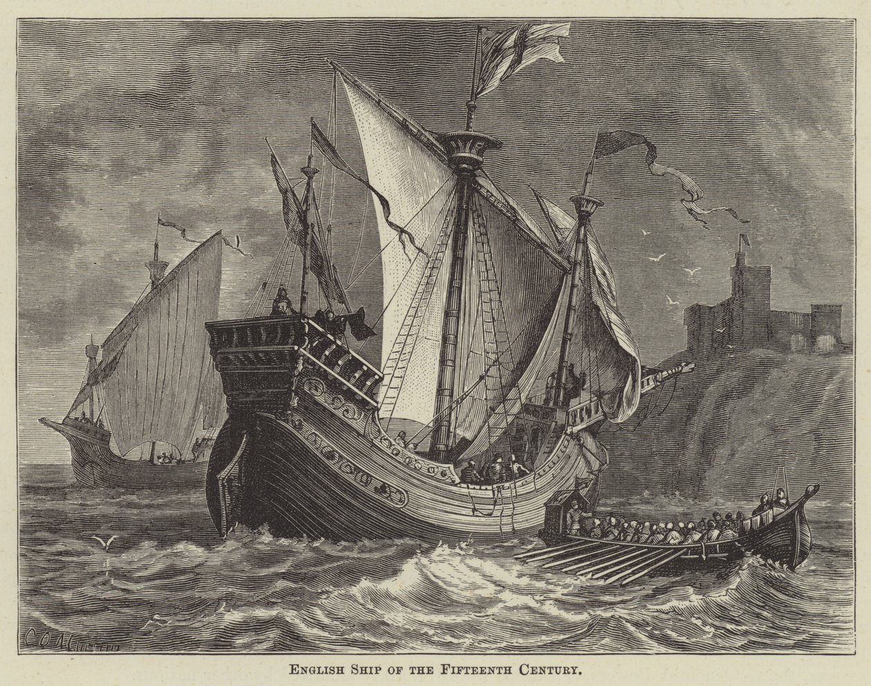 Engels schip uit de vijftiende eeuw (gravure) door English School