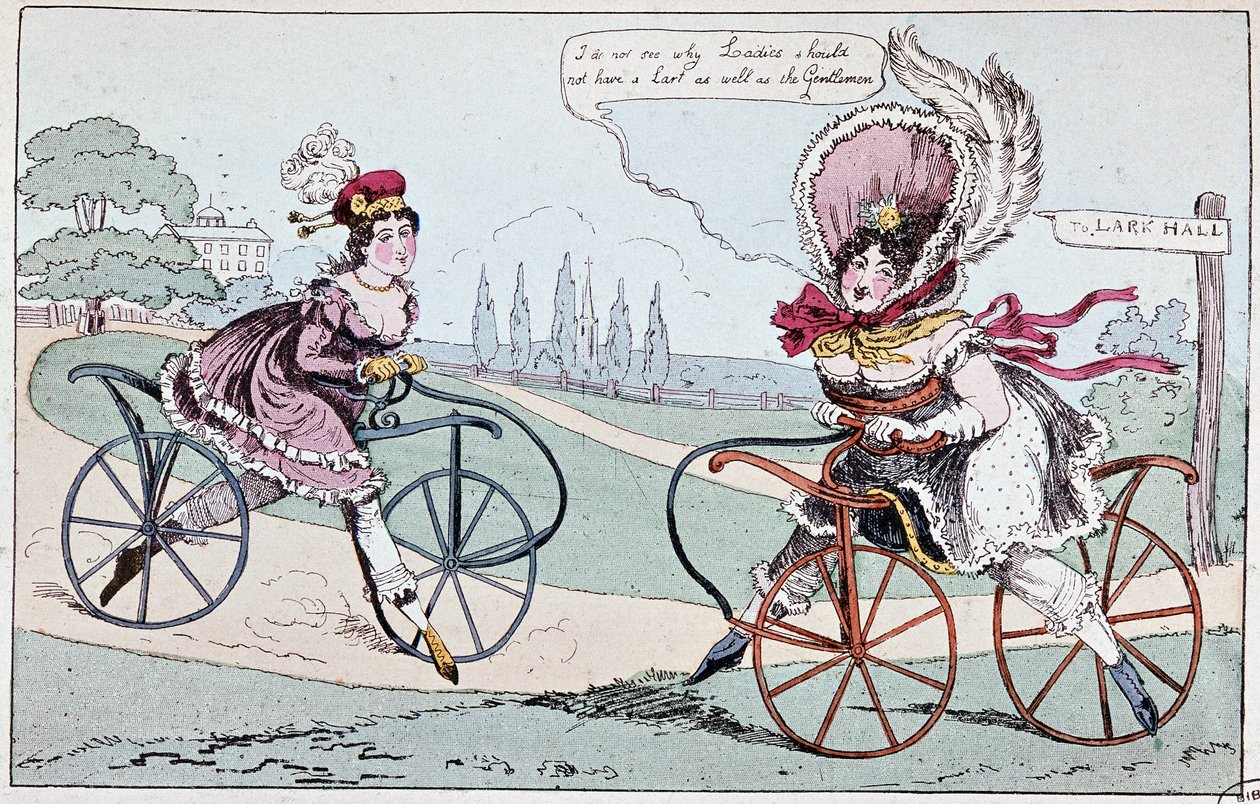Engelse cartoon over hobby paarden in 1819 (eerste fietsen) - in 