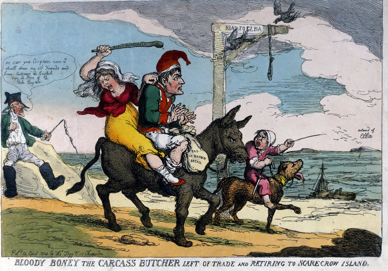 Engelse cartoon over de ballingschap van Keizer Napoleon I, afgebeeld op een ezel op weg naar het eiland Elba. 04/1814. door English School