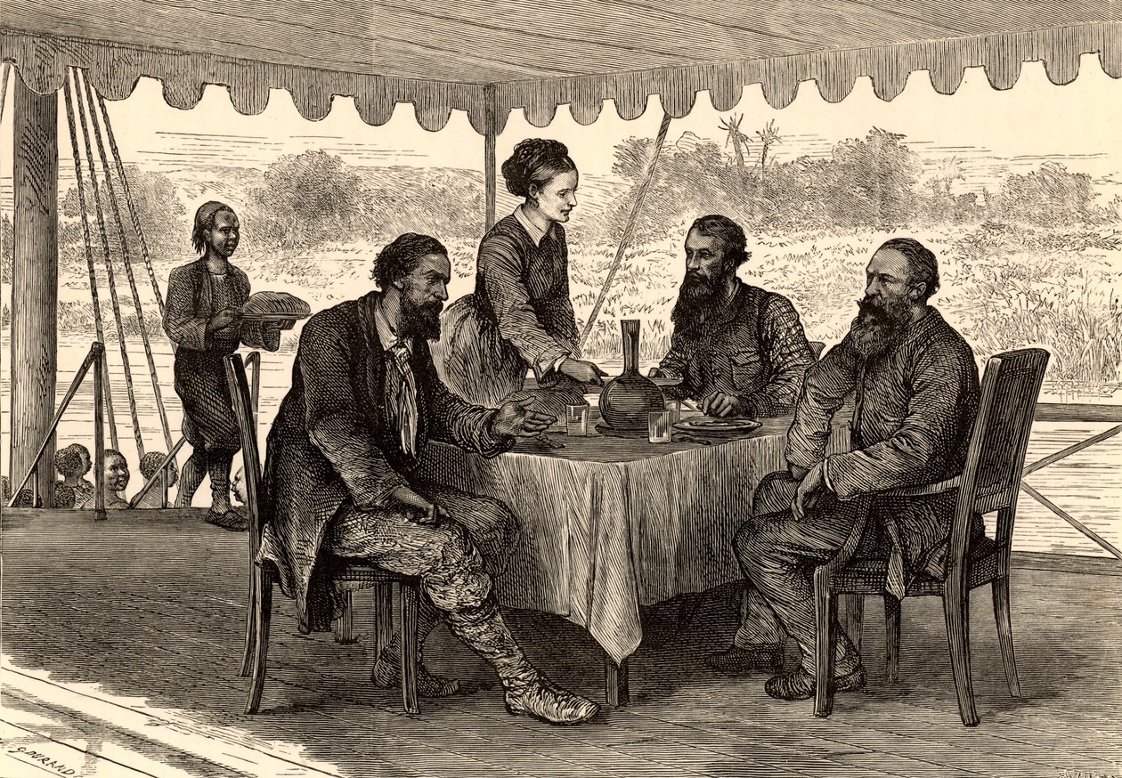 De Engelse ontdekkingsreizigers John Hanning Speke (1827-1864) en James Augustus Grant (1827-1892) in Gondokoro, Zuid-Soedan, aan het einde van hun expeditie, waar ze werden opgewacht door Samuel (1821-1893) en Florence (1841-1916) Baker (gravure) door English School