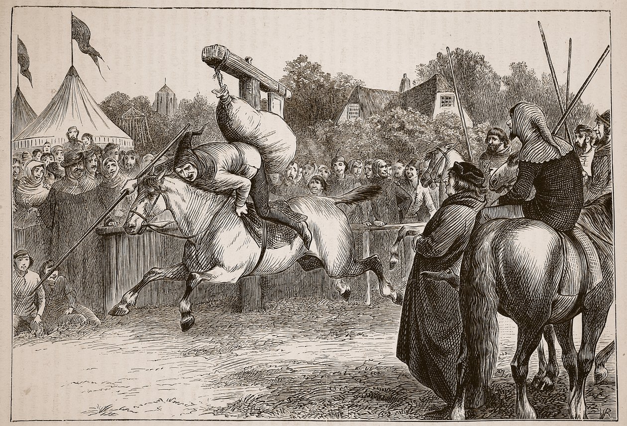 Engelse vrolijkheid in de veertiende eeuw: Steekspel bij de Quintain, illustratie uit Cassells Geïllustreerde Geschiedenis van Engeland door English School