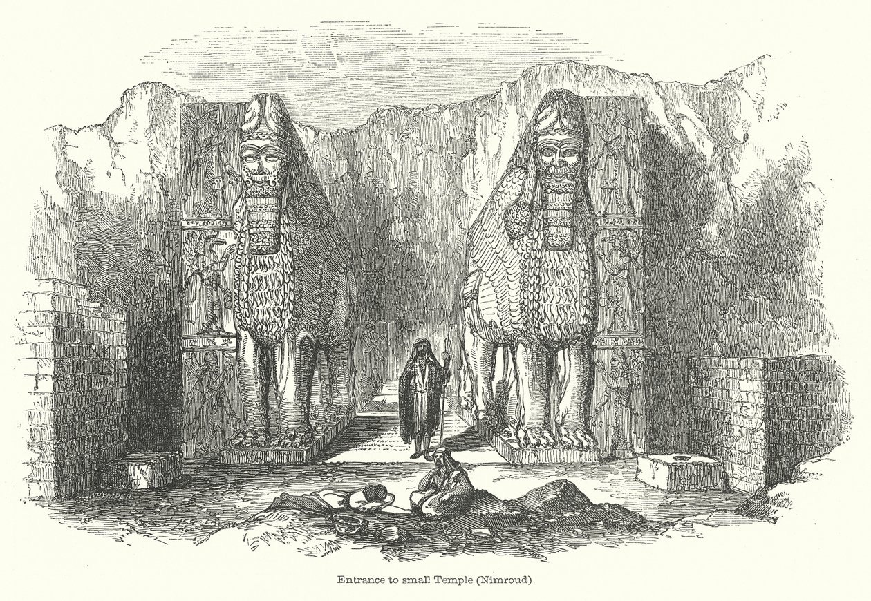 Ingang tot de kleine tempel (Nimroud) (gravure) door English School
