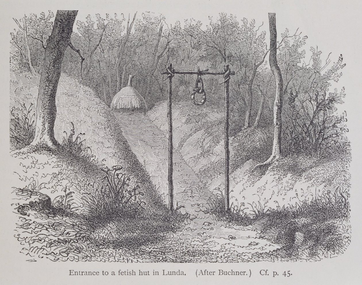 Ingang van een fetisjhut in Lunda, uit De Geschiedenis van de Mensheid, Vol.1, door Prof. Friedrich Ratzel, 1896 door English School