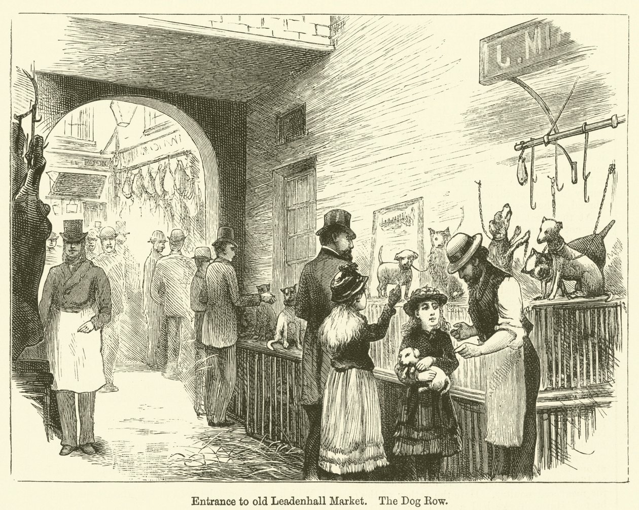Ingang naar de oude Leadenhall Market, The Dog Row (gravure) door English School