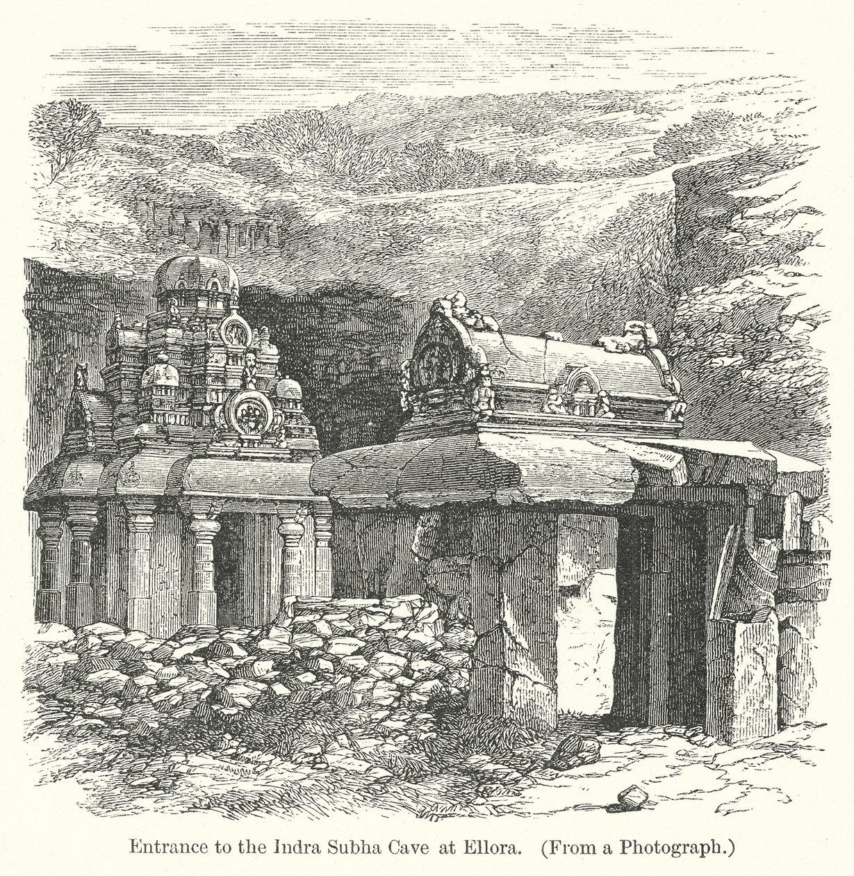 Ingang tot de Indra Subha-grot in Ellora (gravure) door English School