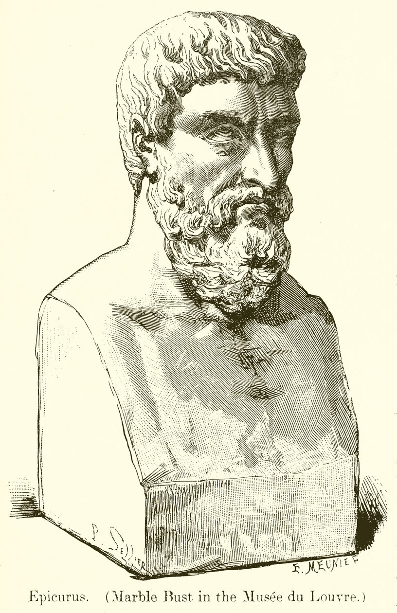 Epicurus. (Marmeren buste in het Louvre) (gravure) door English School