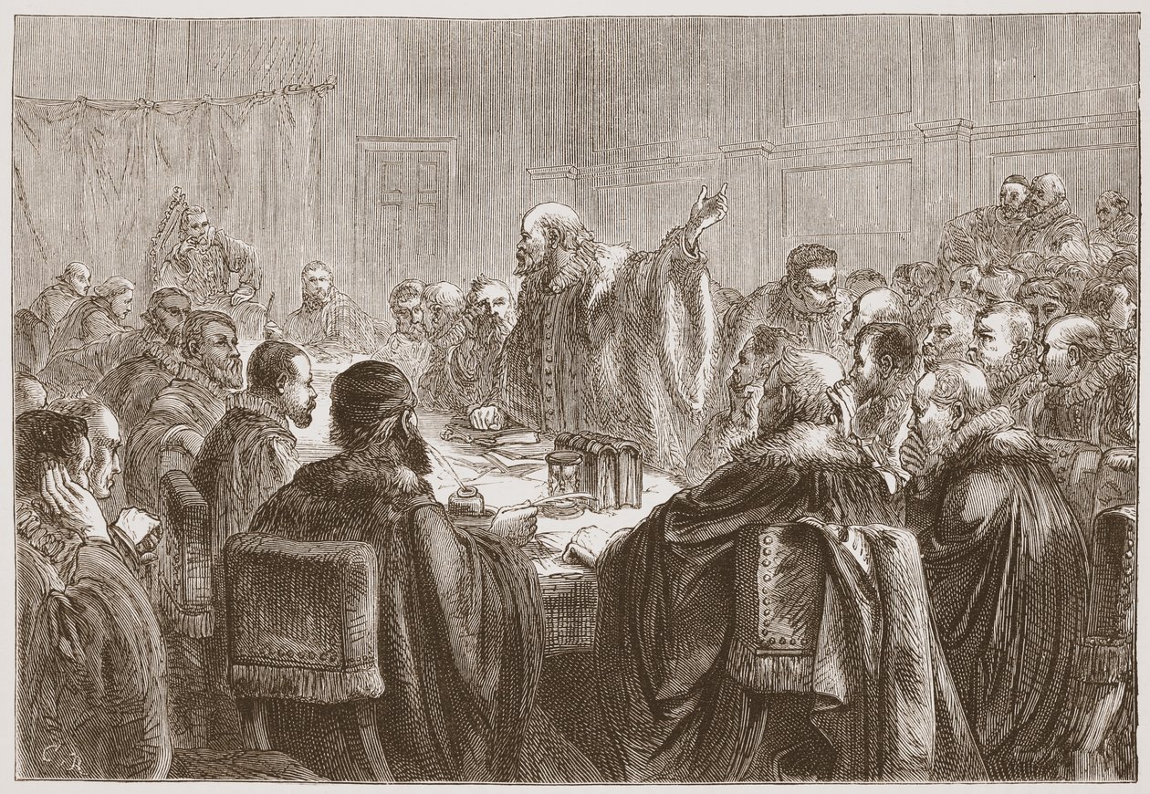 Episcopius spreekt de leden van de Synode van Dordrecht toe, illustratie uit De Geschiedenis van het Protestantisme door James Aitken Wylie, 1878 door English School