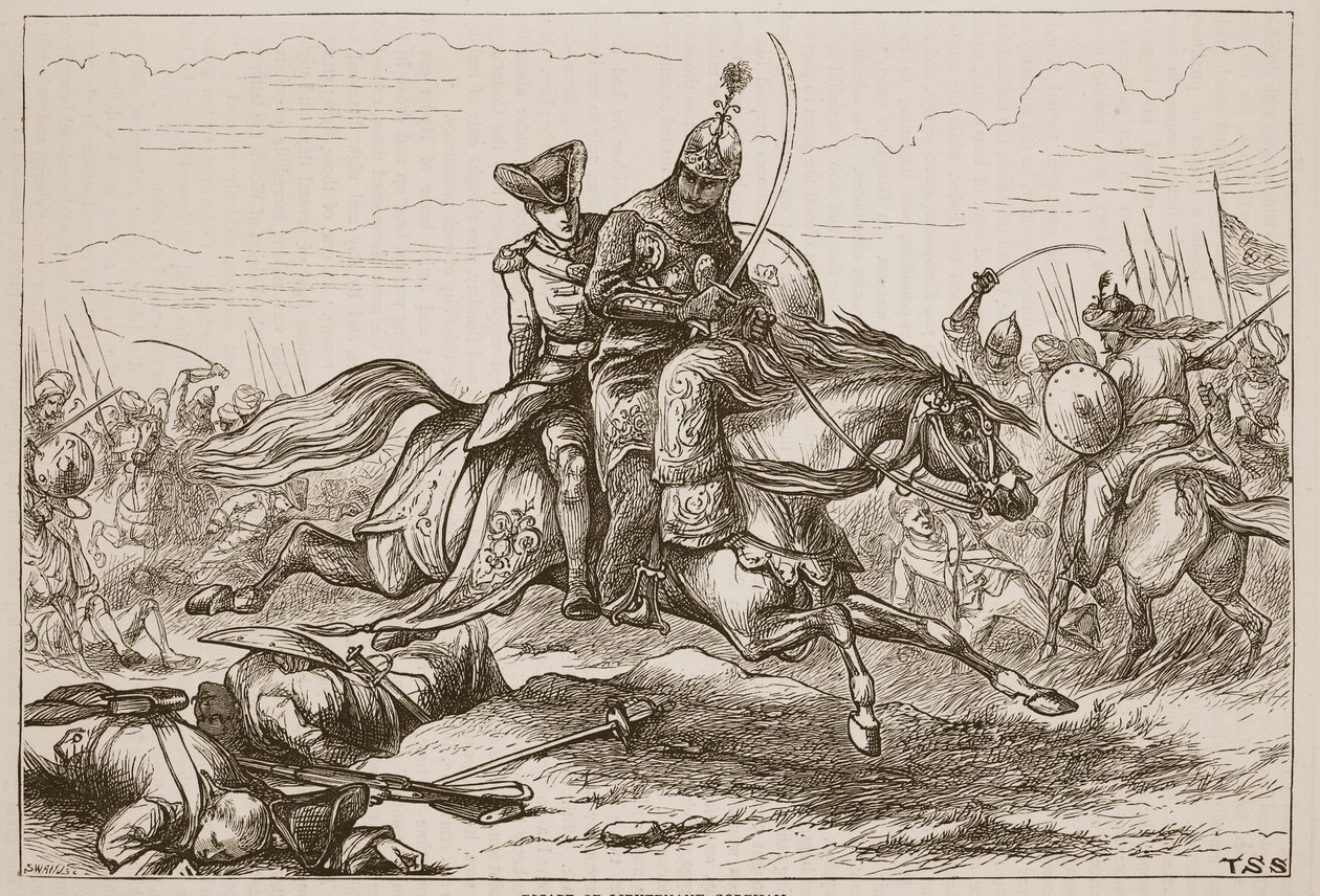 Ontsnapping van Luitenant Goreham, illustratie uit Cassells Geïllustreerde Geschiedenis van India door James Grant, uitgegeven 1879 door English School