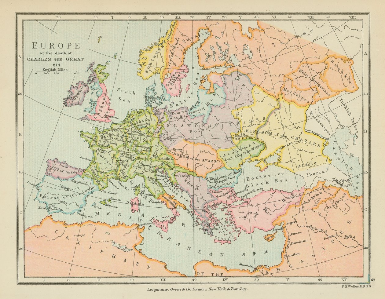 Europa bij de dood van Karel de Grote (kleurenlitho) door English School
