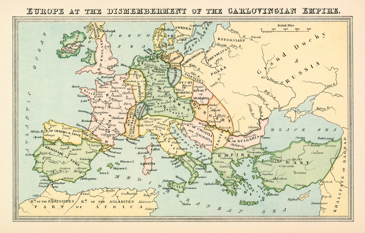 Europa bij het uiteenvallen van het Carlovingische Rijk (kleurenlitho) door English School