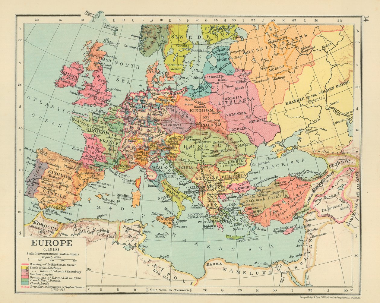 Europa ca 1360 (kleurenlitho) door English School