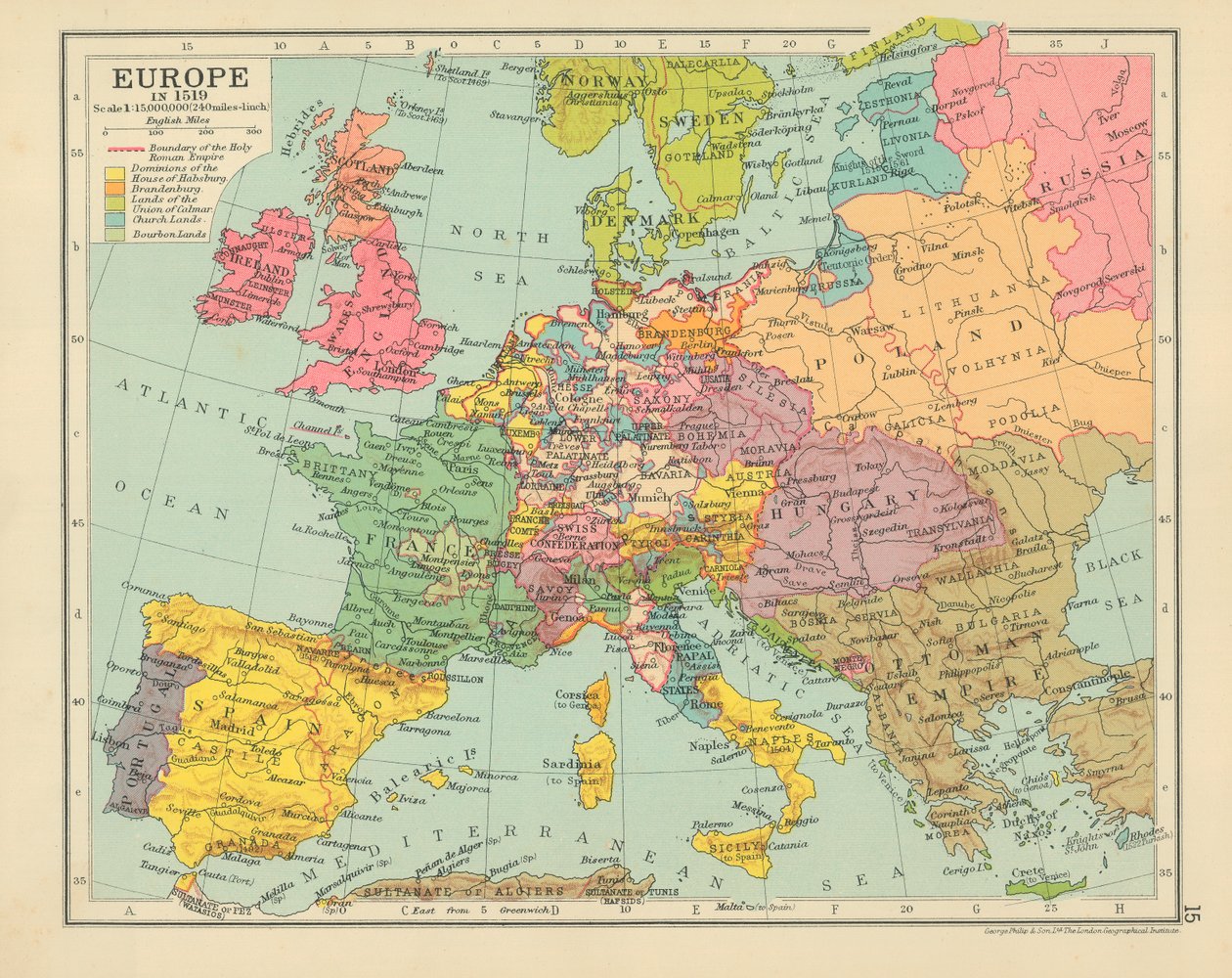 Europa in 1519 (kleurenlitho) door English School
