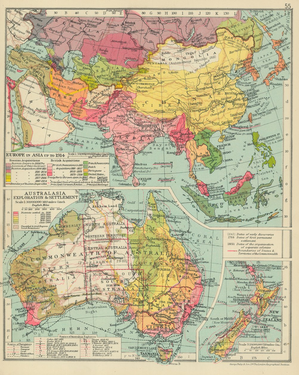Europa in Azië tot 1914. Australazië Verkenning en vestiging (kleurenlitho) door English School