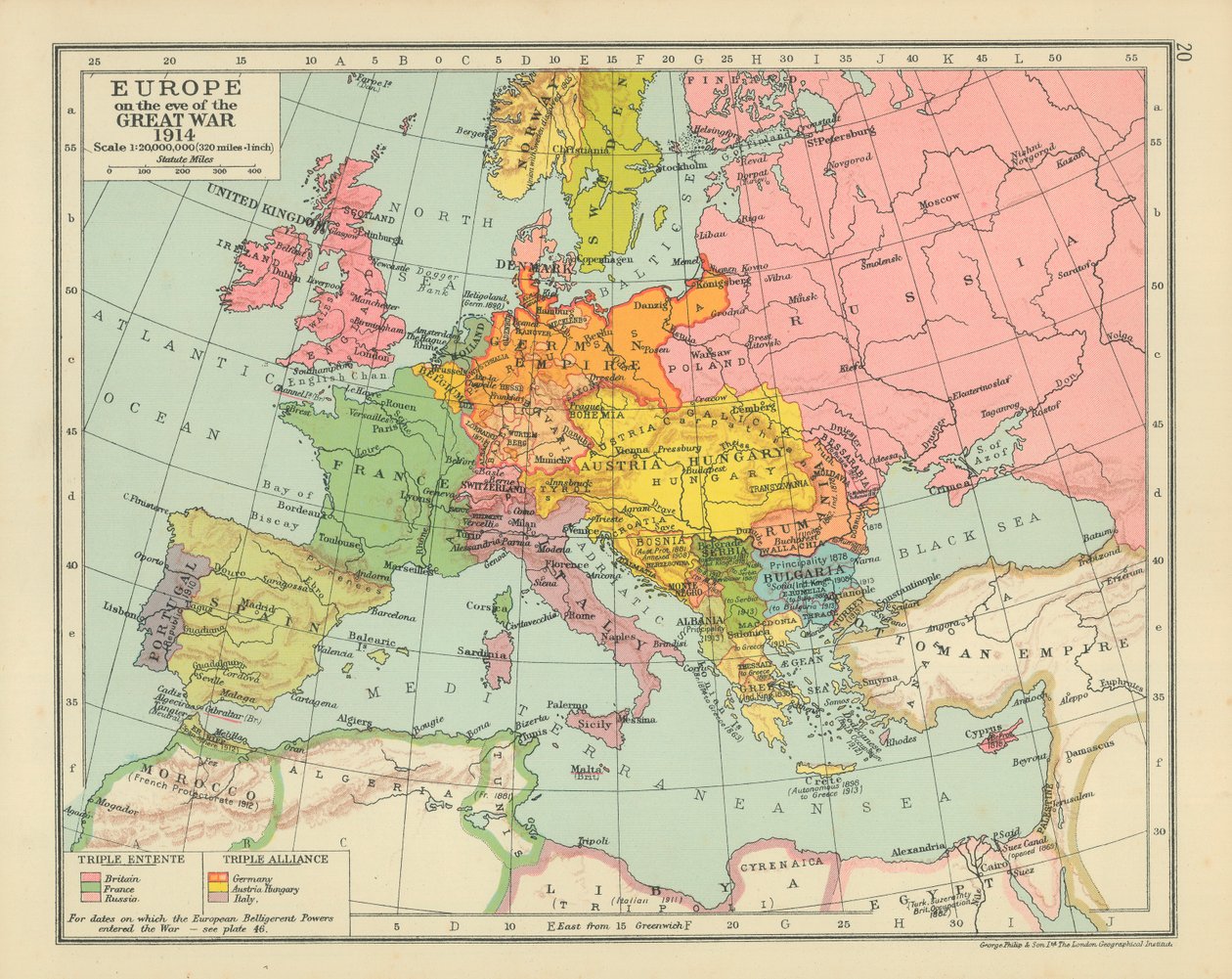 Europa aan de vooravond van de Grote Oorlog 1914 (kleurenlitho) door English School