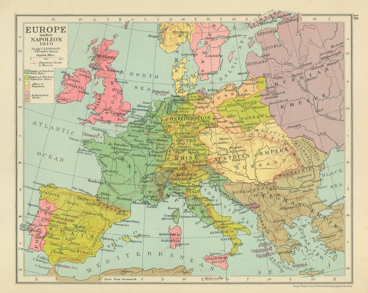 Europa onder Napoleon 1810 (kleurenlitho) door English School
