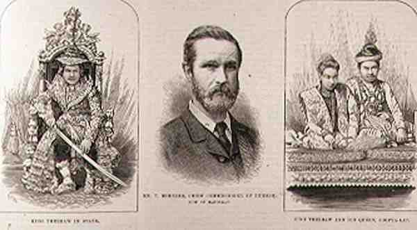 Expeditie naar Boven-Birma: Koning Theebaw (1858-1916) in Staat, de Heer T. Bernard, Hoofdcommissaris van Birma, nu in Mandalay, Koning Theebaw en zijn Koningin, Soopya-Lat, uit The Illustrated London News door English School