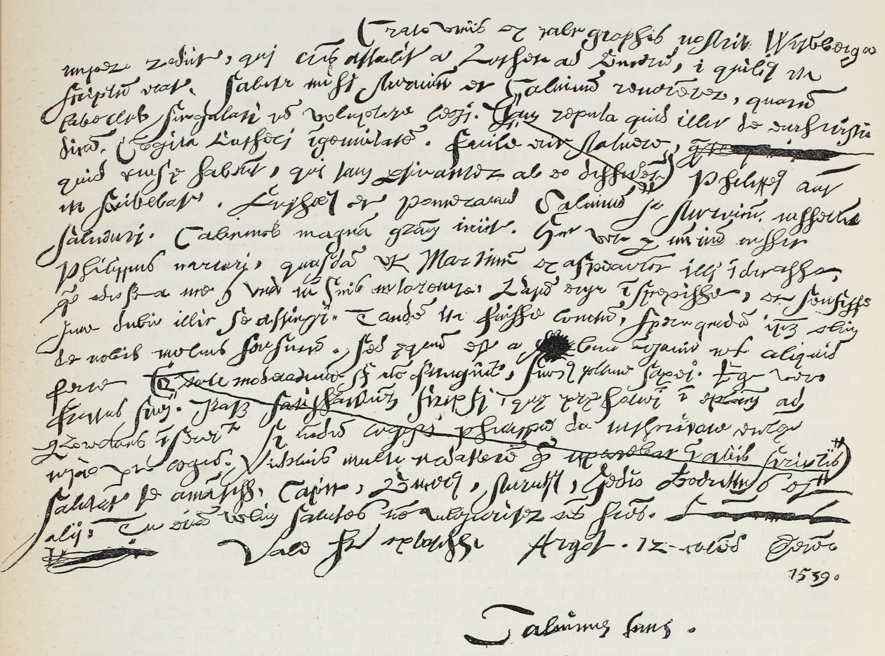 Facsimile van Calvijns handschrift, illustratie uit De Geschiedenis van het Protestantisme door James Aitken Wylie, gepubliceerd in 1878 door English School