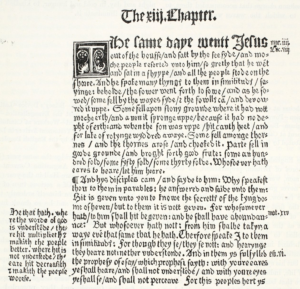 Facsimile van het Evangelie van Matteüs, Hoofdstuk XIII, verzen 1-15, uit Tyndales Testament, illustratie uit De Geschiedenis van het Protestantisme door James Aitken Wylie, 1878 door English School